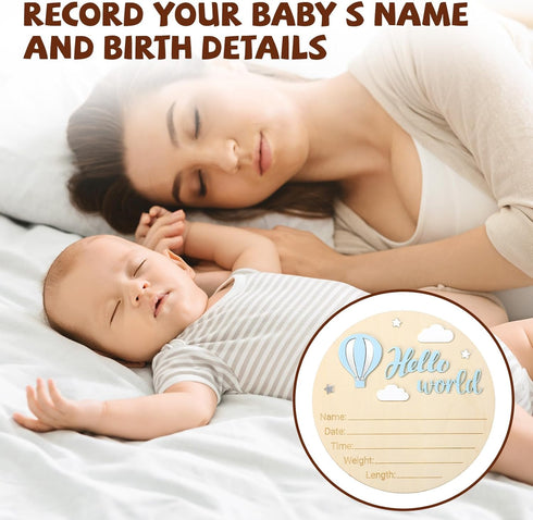 Penitue Wooden Baby Announcement Sign, Hello World Newborn Board Signs for Boys & Girls Welcome Baby Name Arrival