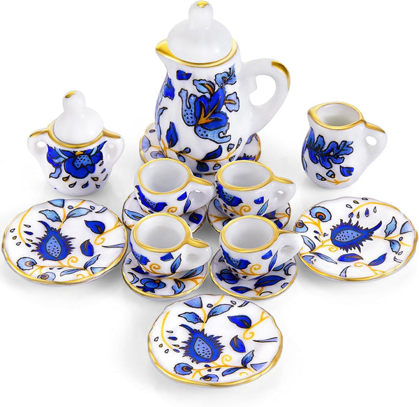 15 Pieces Miniature Porcelain Tea Cup Set, Mini Flower Pattern Teapot, Dollhouse Kitchen Accessories (Retro Flower