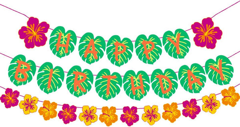 Hawaiian Party Happy Birthday Banner for Tropical Luau Party Decorations with Palm Leaf