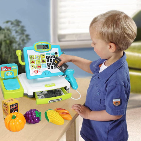 3 4 5 6 7 8 FS Pretend Play Cash Register Toys with Scanner, Calculator, Large Drawer, Microphone, Play Food