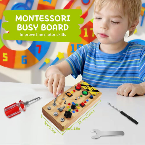 TenFans Wooden Montessori Busy Board with LED Light Switch, Sensory Toy for Toddlers 3+ Year Olds