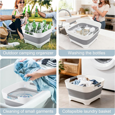 2.4 Gal(9L) Collapsible Wash Basin with Drain Plug,Dishpan for Soaking Baby Bottles,Portable Sink Tub,Ice Beverage Tubs