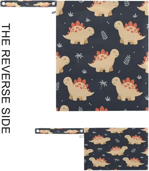 Burbuja 2 Pack, 2 Dinosaurs Wet Dry Bags for Baby Cloth Diaper Waterproof Reusable Wet Bag with Zippered Pockets