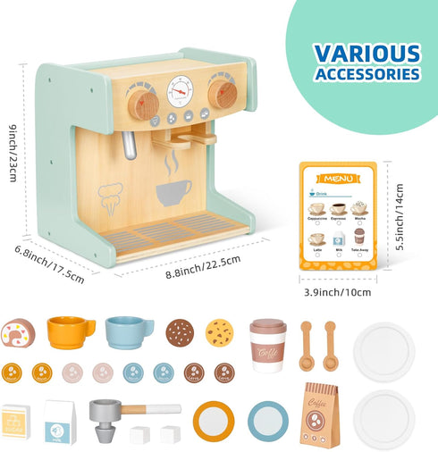 2-in-1 Toy Coffee Maker, Kids Wooden Coffee Maker Playset with 28 Pcs Play Kitchen Accessories for Girls & Boys