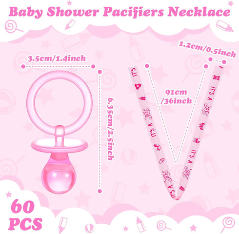 60 Coume Pieces Baby Shower Pacifiers Necklace Acrylic Pacifiers Necklace Charm Party Favors for Girls Boys Baby Shower