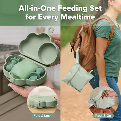 Set 6M+ haakaa Cloud Crew Silicone Travel Baby Feeding with Foldable Suction Baby Plate, Silicone Bib, Baby Spoon