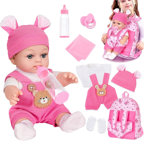 12" Baby Doll With Bear Pattern Backpack Carrier In Gift Box,12 Inch