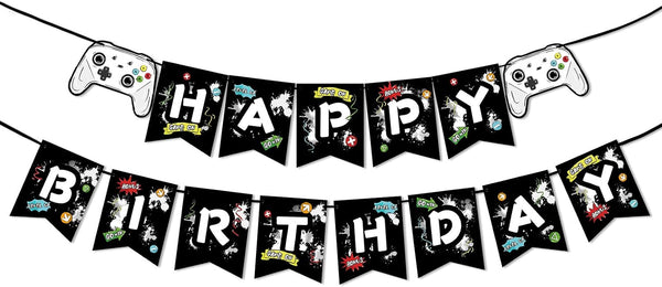 WERNNSAI Watercolor Video Game Birthday Banner, Pre-Assembled Bunting Garland for Kids Gaming Party Decorations