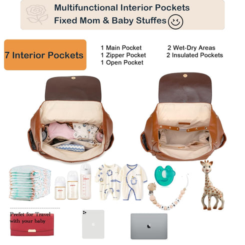 Backpack, 14 Leather Diaper Bag Pockets, Fashion Diaper Bag Leather with Changing Pad, Stroller Straps, Travel
