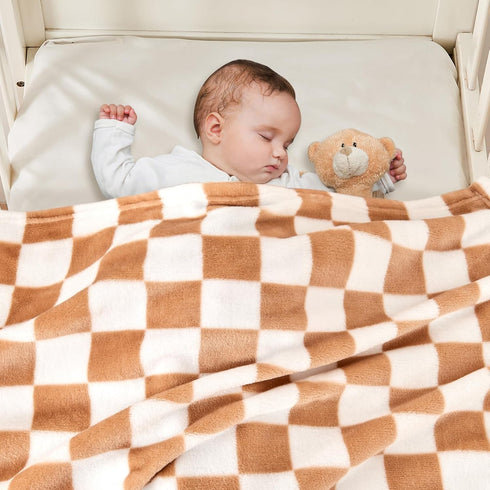 Checkered Baby Blanket, Fleece Baby Blankets, 30''x40'', Khaki, for Boys Girls