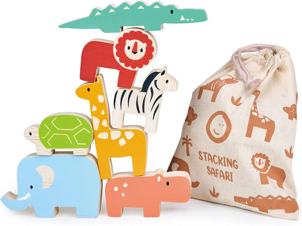Happy Stacking Safari – 7pc Wooden Stacking Toy for Toddlers – Colorful Balancing Activity Toy with Bag