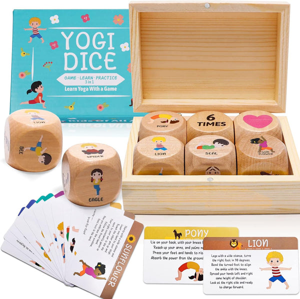 Kids Yoga Wooden Dice with Yoga Cards - Fun Exercise Dice for Kids, 12 Yoga Cards with Wooden Gift Box