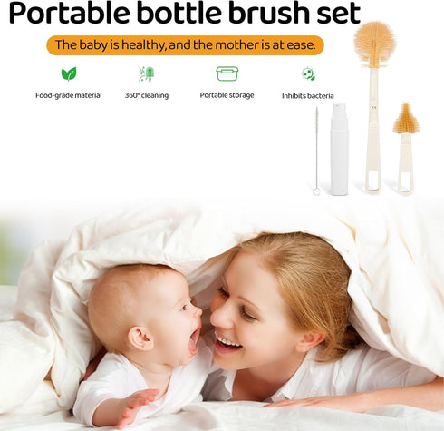 Set HOEREV Portable Baby Silicone Bottle Brush Include Pacifier Brush, Straw Brush, draining Rack, Portable Box