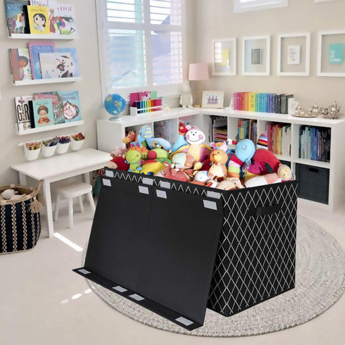 Toy Chest Box Storage Bins for Kids, Large Collapsible Organizer with Fabric Flip-Top Lid & Handles, Black 24.5x13x16