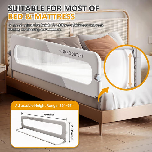 strenkitech Beds(78.7inch) Foldable Toddler Bed Rails - Kids Guard Bumper for Crib Safe Bed Side Rail for Twin Queen