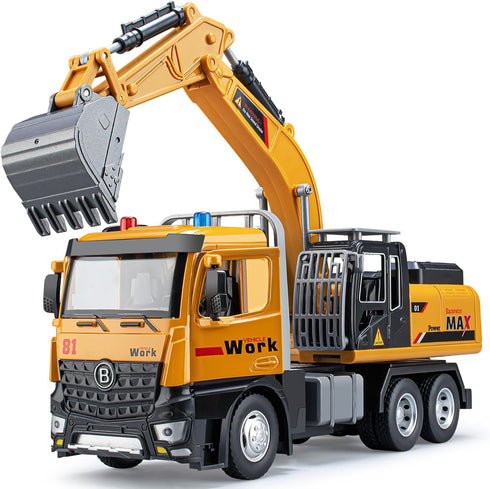 Excavator Toy Metal Cab, Big Digger Toys for Boys with Lights Sounds and Working Movable Parts, Friction Powered