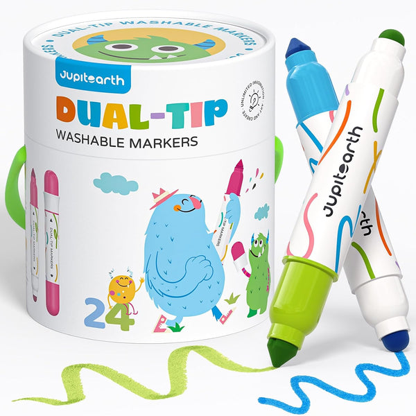 JUPITEARTH Washable Dual Tip Markers for Kids, Broad & Round Tip, Easy-Grip
