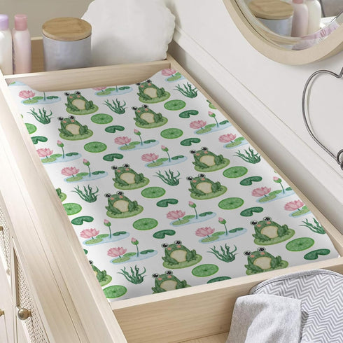 Cartoon Frogs Flower Leaves Pond Changing Pad Covers, Soft Breathable Stretchy Fitted Baby Changing Table Pad Mats