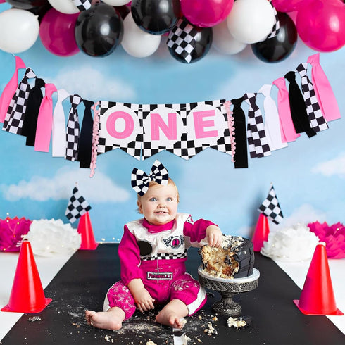 1st JOYMEMO Fast One Birthday High Chair Banner - Pink Black Race Car Birthday Party Decorations, Girl, One Year Old