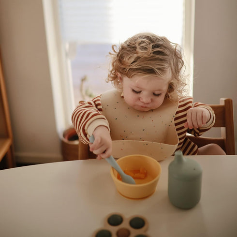mushie Silicone Baby Feeding Spoons, 2 Pack (Cambridge Blue/Shifting Sand)