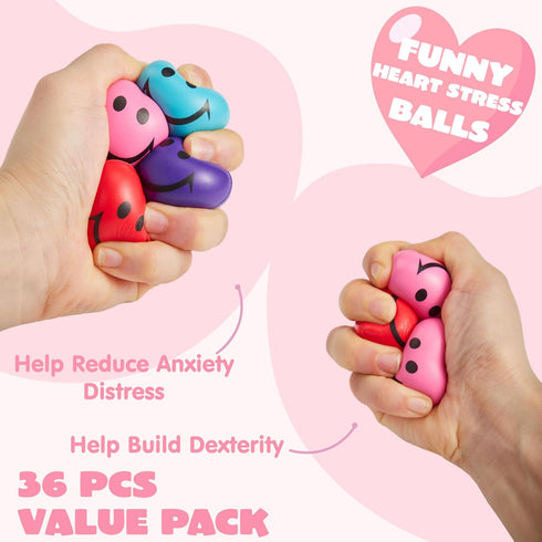 36 Packs JOYIN Heart Shape Stress Ball with Cards Stress Relief Fidget Toy for Valentine Party Favors, Classroom Prize