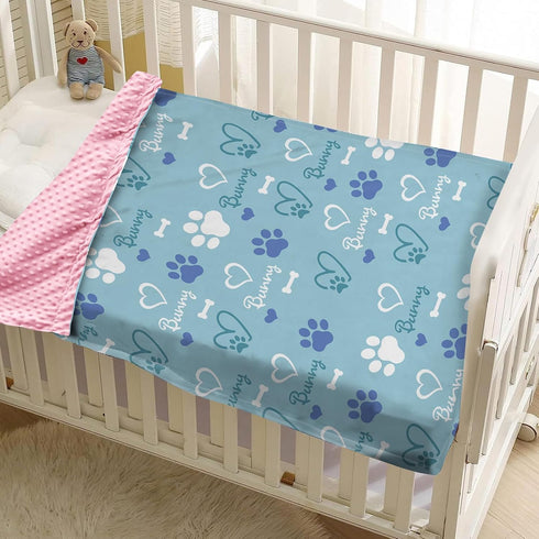 Personalized Baby Blankets for Boys Girls Custom Light Blue Baby Girl Blanket with Cute Puppy Paw Print Design, Soft