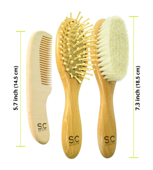 Baby Hair Brush and Comb Set for Newborn, Wooden Brush with Soft Goat Bristles, Baby Grooming Kit by Stone & Clark