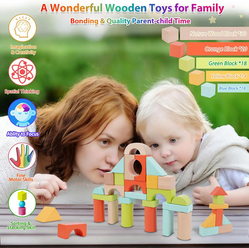 1-3, 100 Set 2+, 1st FCSONU Wooden Building Blocks for Toddlers Pcs Wood Blocks - Sorting & Stacking Toys with Storage
