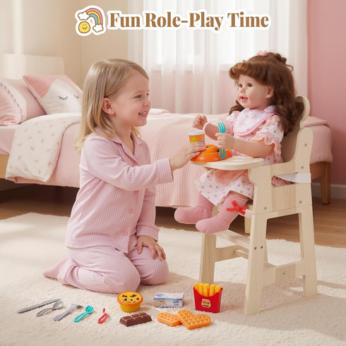 Set 15-20 Inch BABESIDE Wooden Baby Doll High Chair for Dolls Furniture, Babydoll High Chair with Adjustable Tray, Safe