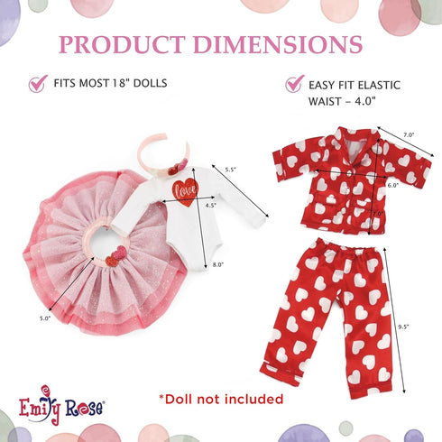18" 6-Piece Set 18 Inch Emily Rose Doll Valentine Holiday Bundle - Red Hearts Tutu & Pajama with Teddy Bear - Gift