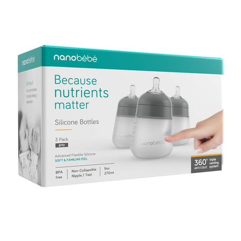 3-Pack, 9oz Nanobebe Flexy Silicone Baby Bottle, Anti-Colic, Natural Feel, Non-Collapsing Nipple, Non-Tip Stable Base