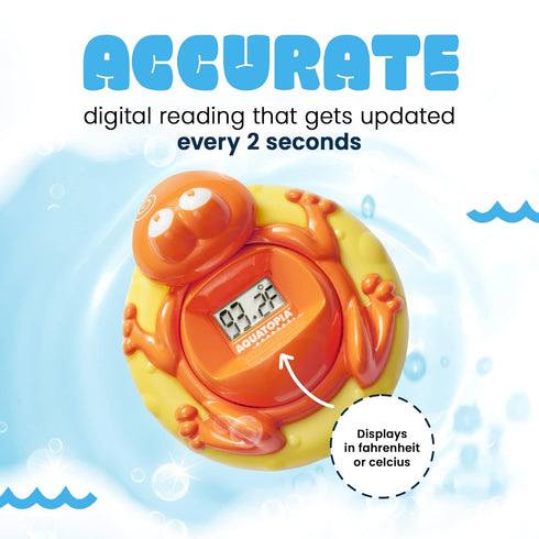 Aquatopia Fergus Frog Baby Bath Thermometer Floating Toy, Digital Audible Alarm, Orange, Baby Bath Essentials