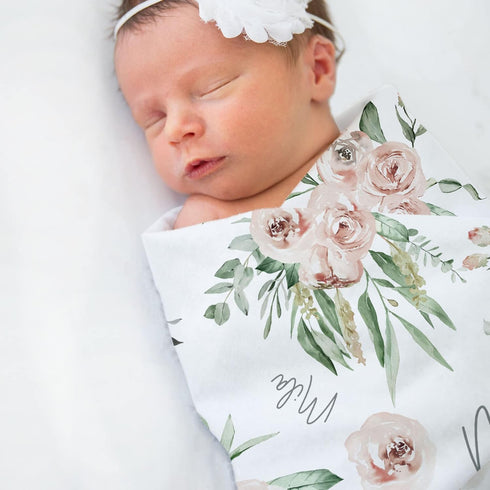 Stork Wares 30x40inch (BB339) Soft Floral Rose Personalized Baby Girl Swaddle Blanket, White