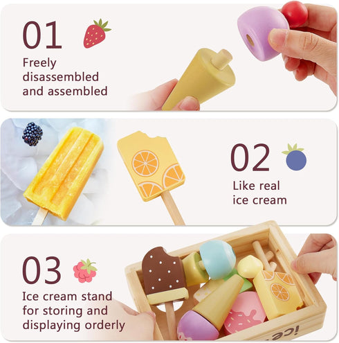 Playset 3 4 5 HERSITY Wooden Ice Cream Stand for Kids, Ice Cream Popsicle Toy Pretend Play Food Kitchen Accessories