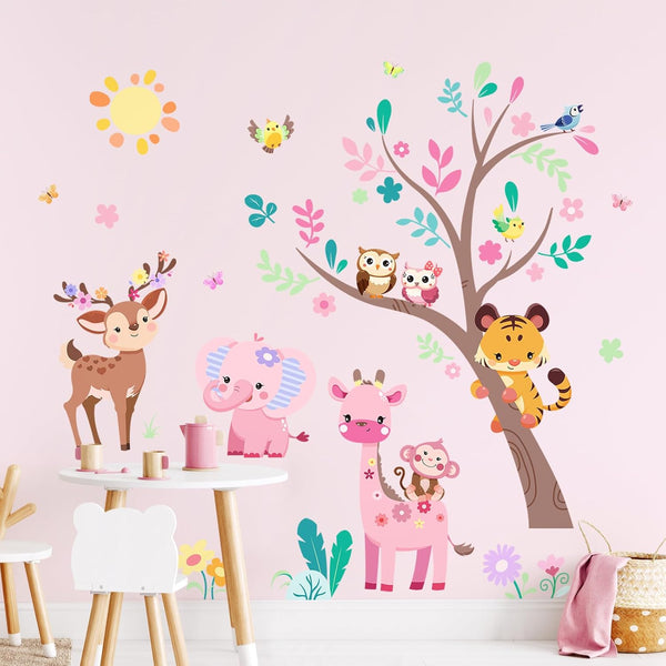 Supzone Jungle Animals Tree Wall Decals Pink Elephant Giraffe Wall Stickers for