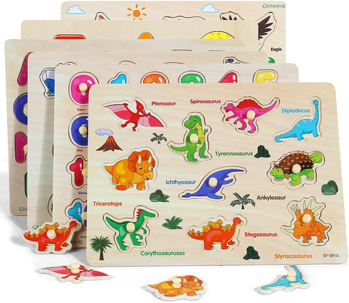6 Pack Set 3 4 5 GRINNNIE Wooden Peg Puzzle for Toddlers, Toddler Puzzles for Years Old (Alphabet Number Shape Animal