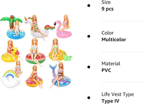 9 Pcs Pool Floaties Swim Accessories Set for 11.5 Inch Girl Dolls, Inflatable Drink Holder for Pool Parties