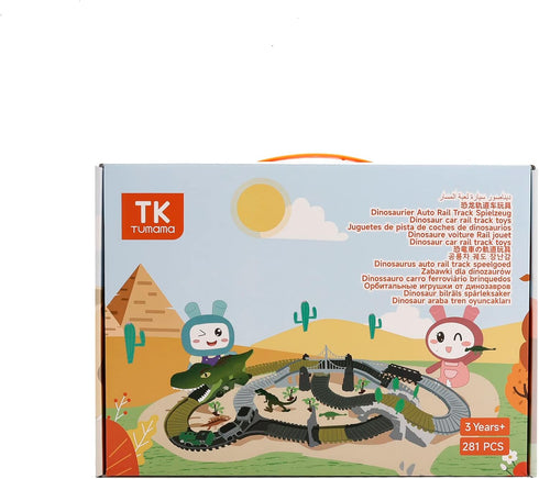 TUMAMA Dinosaur Toys Race Track, 281 Pcs Dinosaur Train Set for Kids 3-5 5-7, Flexible Tracks with 4 Dinosaurs, 2