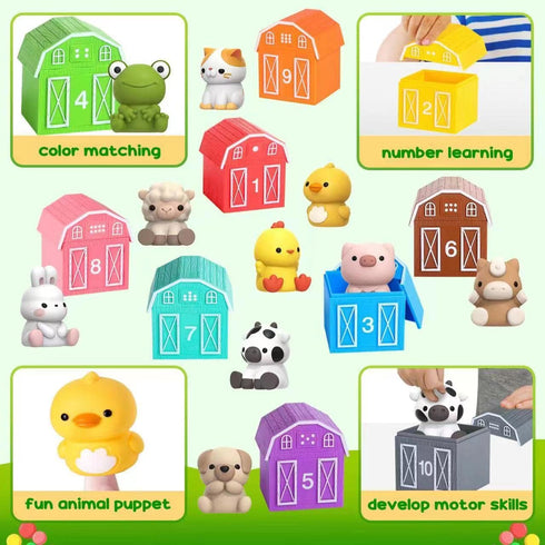 Learning Toy for Toddlers 1-3, 10 Farm Animal Toys & Barns, Montessori Educational Sensory Gift