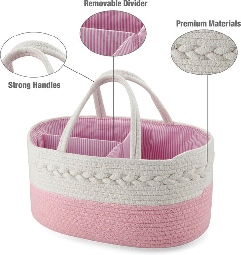 PandaEar Baby Diaper Caddy Organizer Cotton Rope Nursery Storage Basket Portable Car Organizer for Baby Shower Gifts