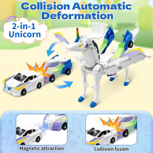 2 Intoypad Unicorn Collision Transforming Cars Toy for Girls Boys, Magnetic Cars Transform into Magical Unicorn