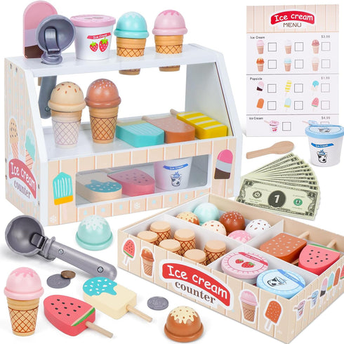 Wooden Ice Cream Counter Playset for Kids - Kitchen Pretend Play Gifts for Ages 3-6