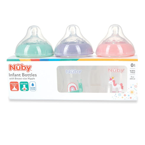 3-Pack 0+ 8oz, 3 Pack Set: Nuby Infant Feeding Bottles with Slow Flow Breast Size Silicone Nipple: Months, Delicate