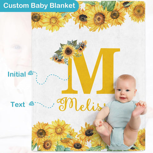 CusCosCes Ships Next Day, Personalized Baby Blanket Custom Baby Blanket for Girls Boys Sunflower Baby Name Blanket