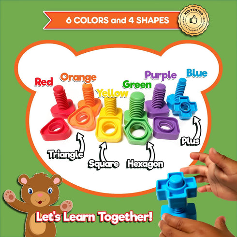 12 Jumbo Nuts and Bolts For Toddlers - Fine Motor Skills Rainbow Matching Game Montessori Toys For Toddlers & Toddler
