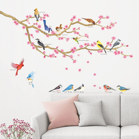DECOWALL DWL-2009 Garden Birds and Cherry Blossom Wall Stickers, Peel and Stick Removable Decals for Kids Nursery &