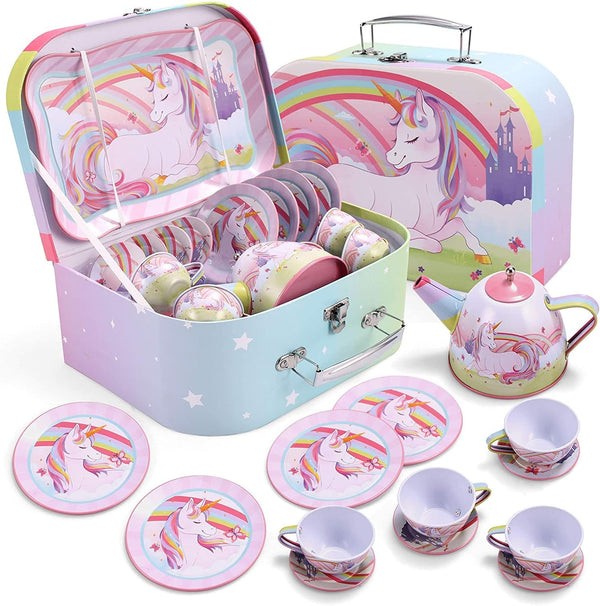 JOYIN Unicorn Tea Party Set for Little Girls, Pretend Pink Tin Teapot