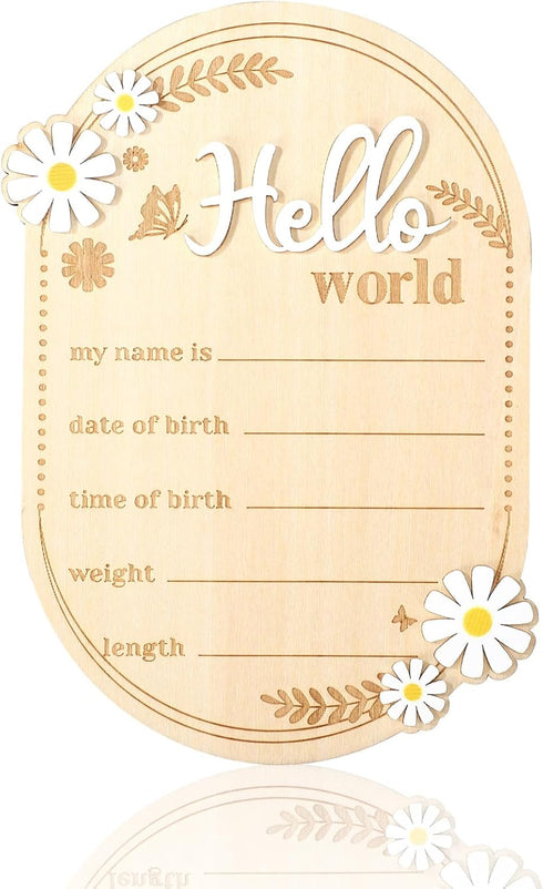 Penitue Wooden Baby Announcement Sign, Hello World Newborn Birth Signs Cute Daisy Decors
