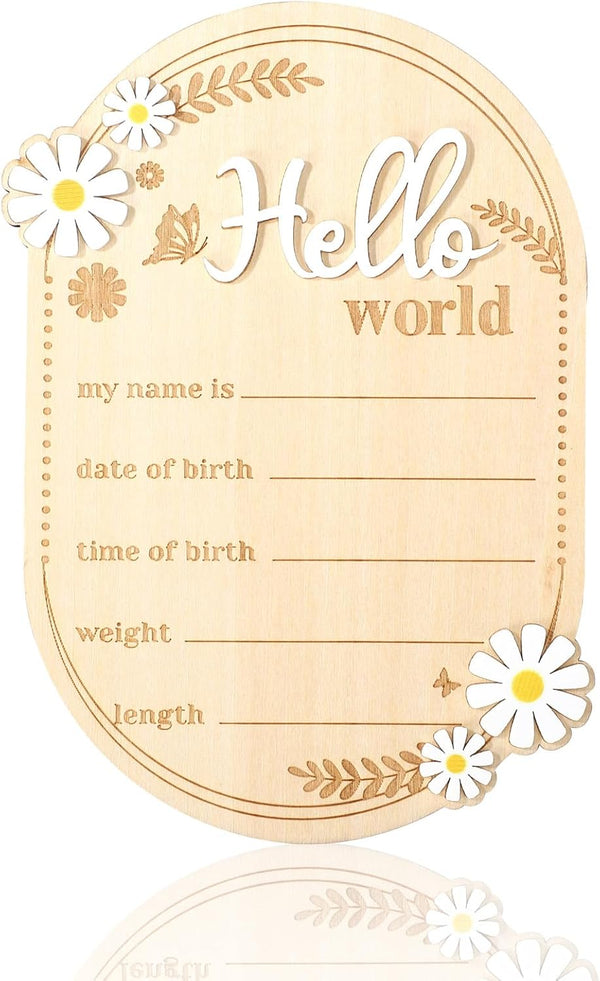 Penitue Wooden Baby Announcement Sign, Hello World Newborn Birth Signs Cute Daisy Decors