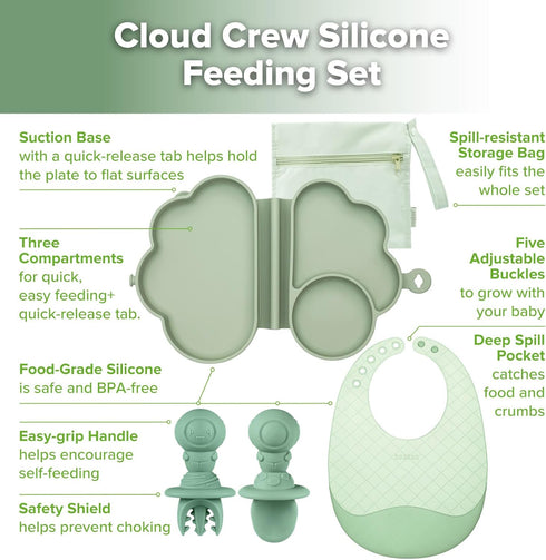 Set 6M+ haakaa Cloud Crew Silicone Travel Baby Feeding with Foldable Suction Baby Plate, Silicone Bib, Baby Spoon